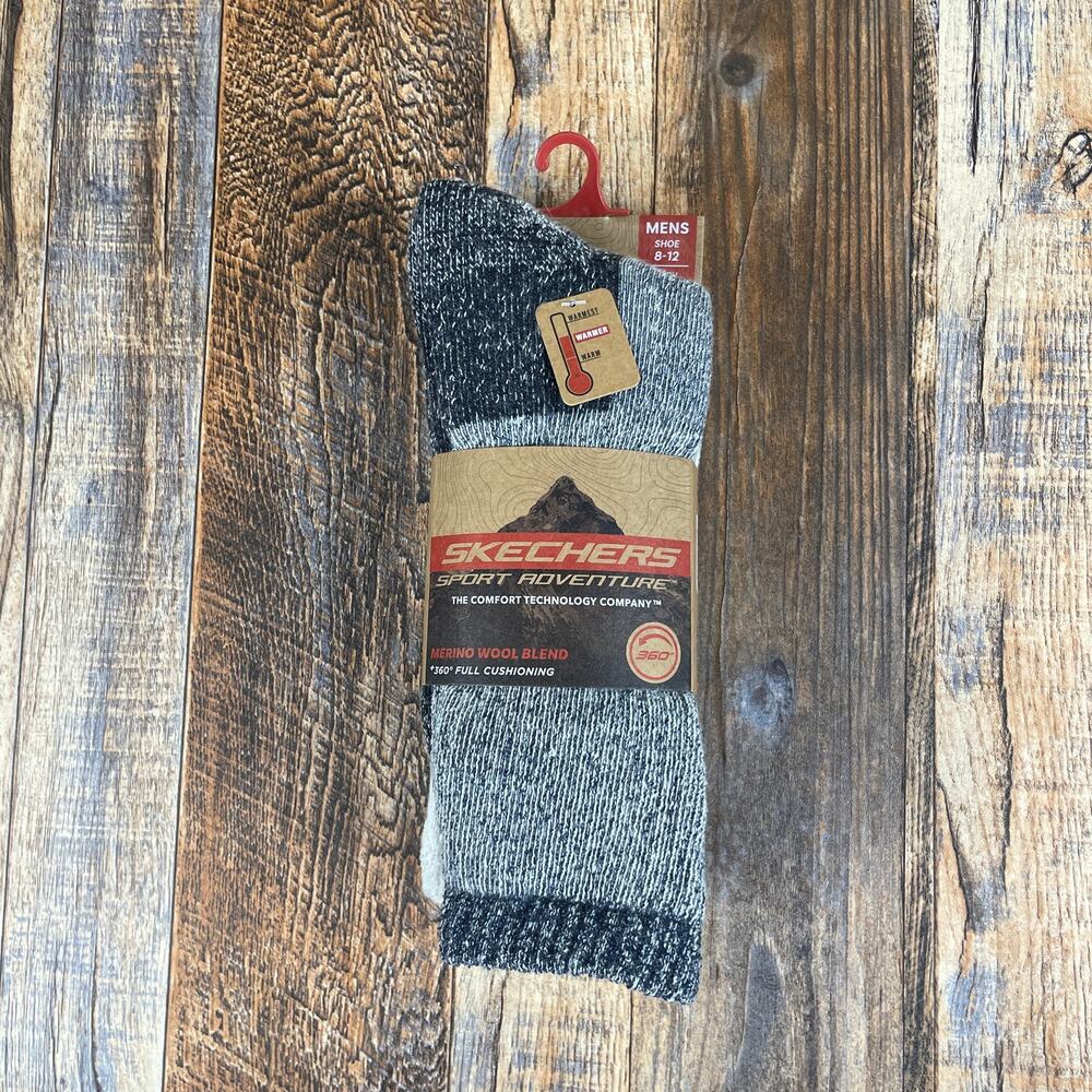 Skechers Mens 8-12 Gray White Sport Adventure Merino Wool Blend Hiking Socks 2pk